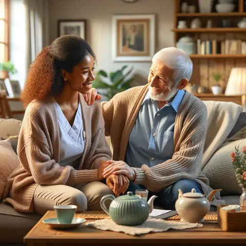 Carer and older man on sofa with tea
