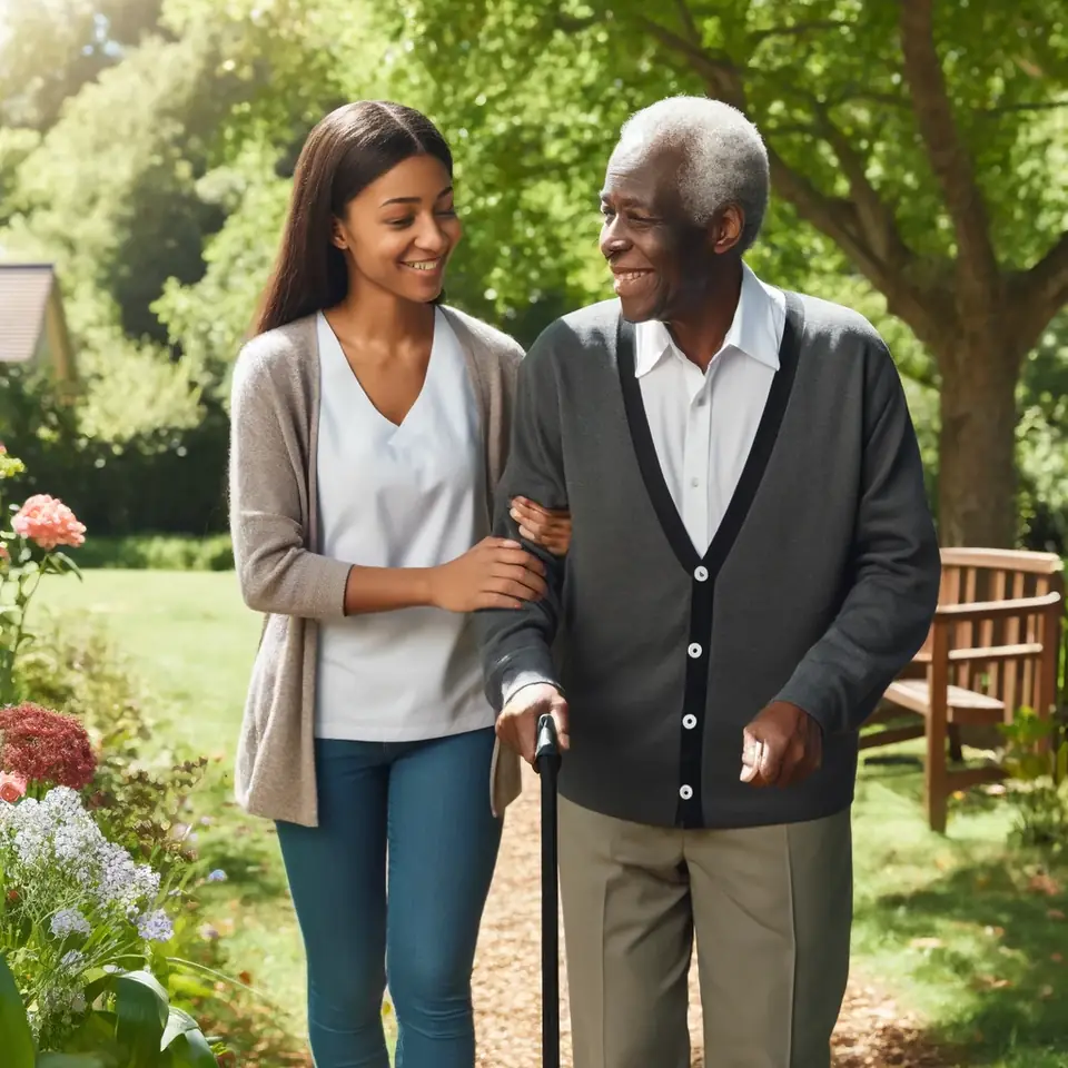 Young woman walking older man with cane in garden