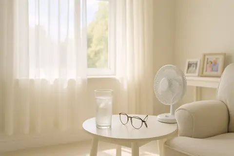 Bright room with fan, glass of water, glasses