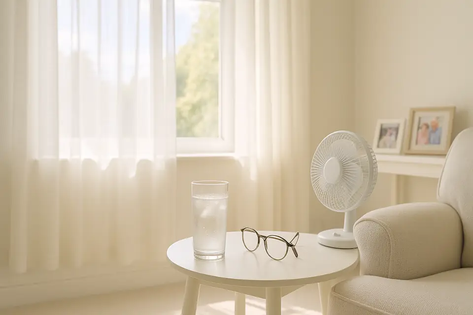 Bright room with fan, glass of water, glasses