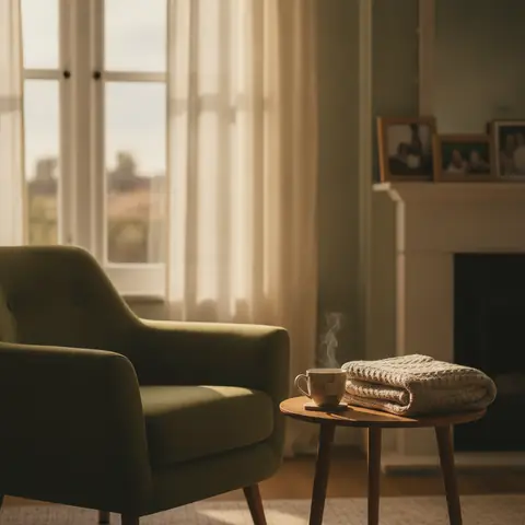 Empty armchair, side table, tea, warm window light