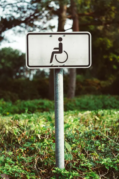 Wheelchair parking sign in greenery