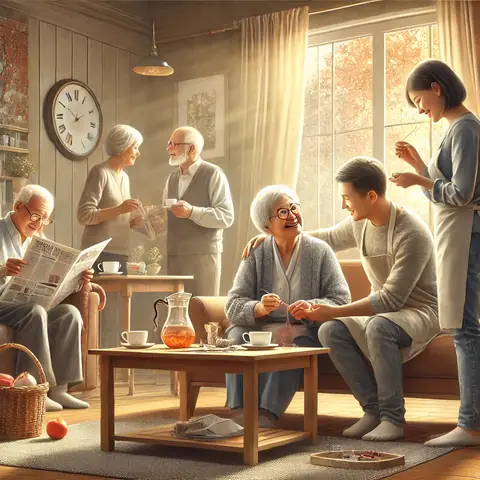 Busy living room, carers and older people