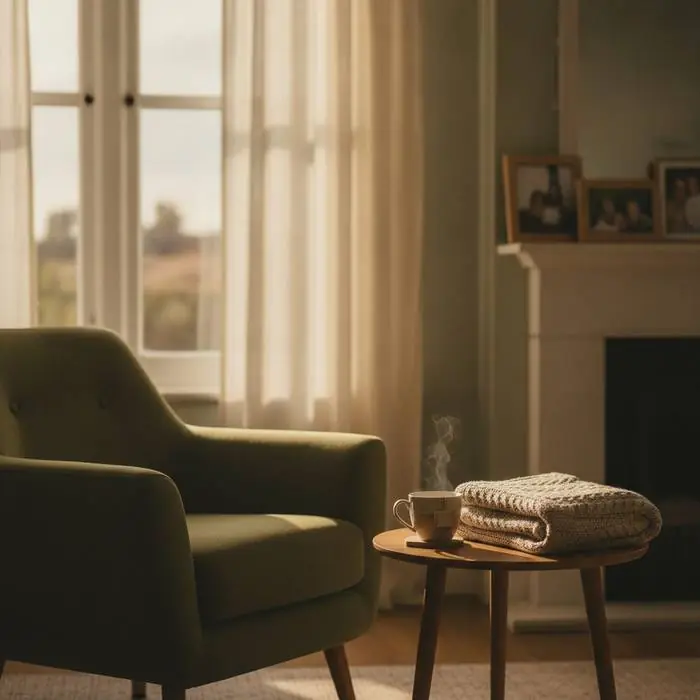 An empty armchair with tea by a window