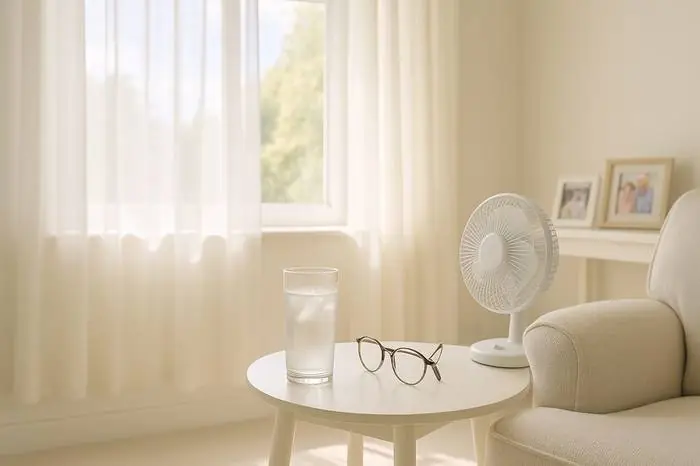 A bright room with a fan and a glass of water