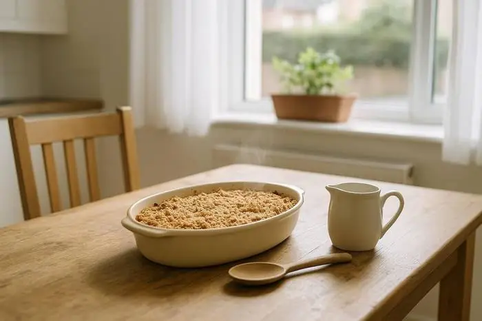 An apple crumble on a kitchen table