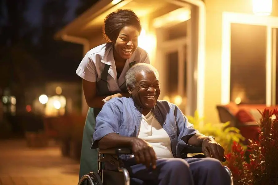 A carer pushing a smiling older man in a wheelchair at dusk